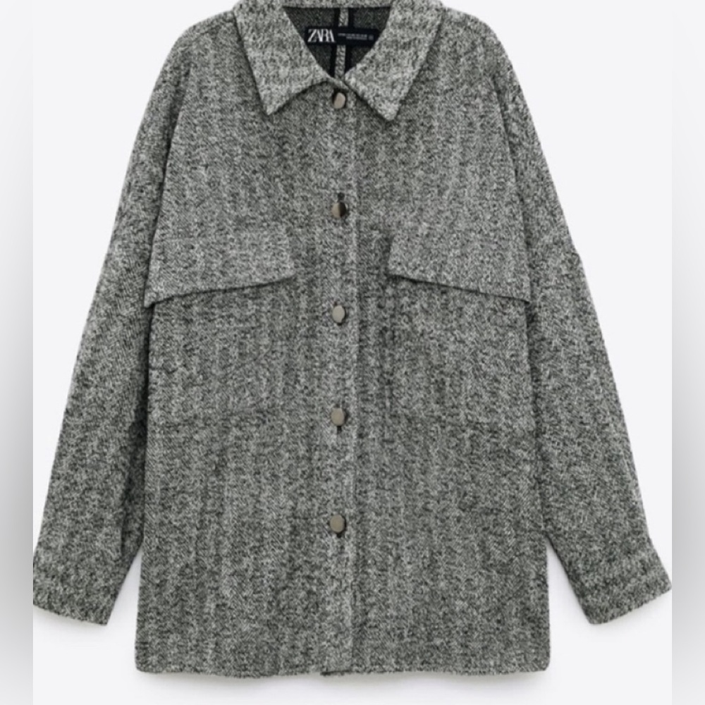 26” PTP M black white neutral jacket shirt shacket tweed herringbone cotton mix - Picture 4 of 11